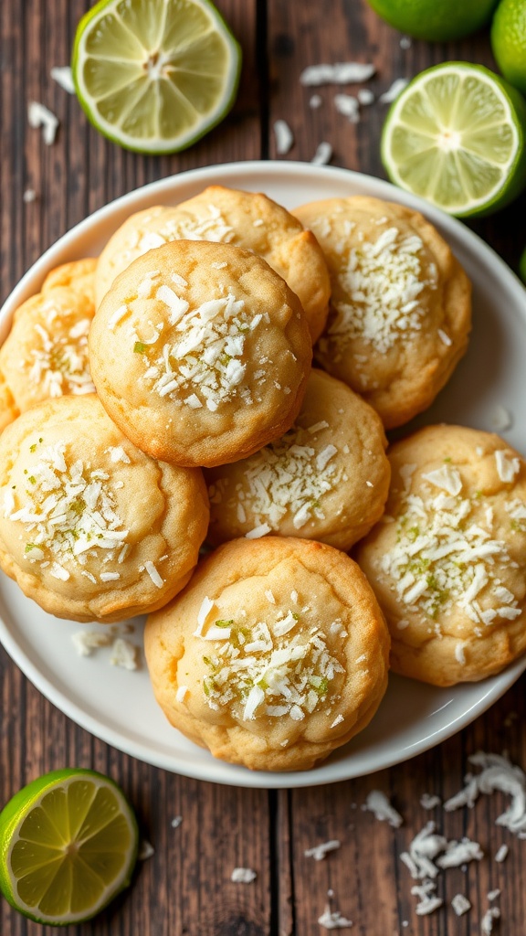 A plate of chewy coconut lime cookies with toasted edges, garnished with lime zest and coconut flakes.